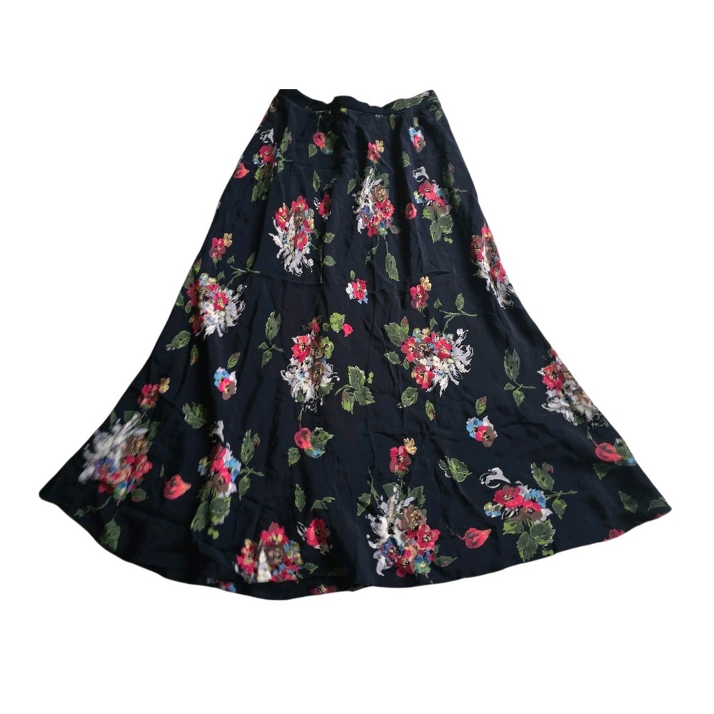 Womens 90s Vintage Midi Skirt Black Flowy Size 10 Petie Floral